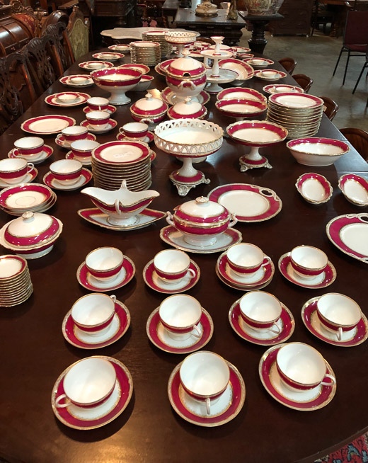 058a - Large 191 piece set of Old Paris dinnerware, deep burgundy and gold with large serving pieces, all in great condition-2