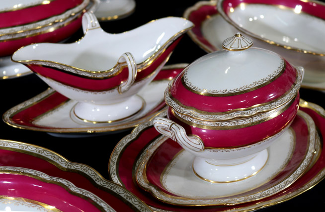 058e - Large 191 piece set of Old Paris dinnerware, deep burgundy and gold with large serving pieces, all in great condition-16