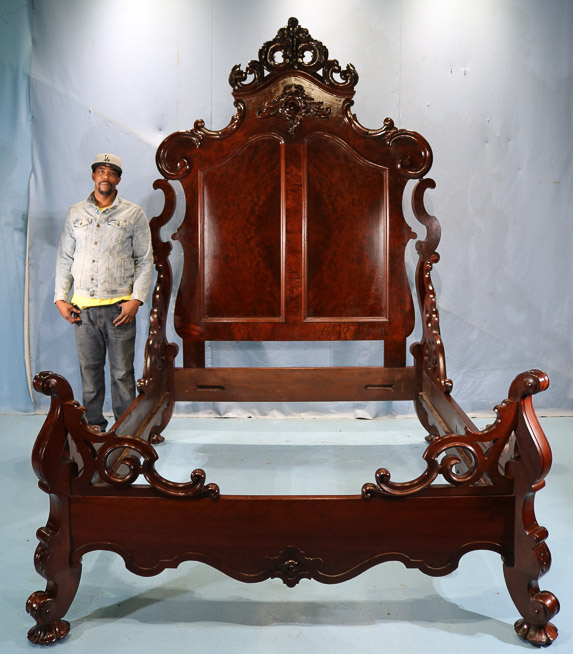 065a - Rare oversized walnut rococo high back bed with French influence by New Orleans furniture maker, Francois Signouret, 9 ft. 2 in. T, 66 in. W, 83 in. L.-28