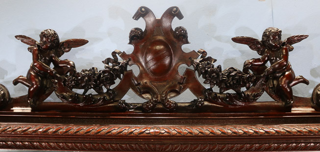 066e - 11 piece Mahogany R.J. Horner dining room suit with cupids, ca. 1890, Sideboard, 90 in. T, 70 in. W, 26.5 in. D.-28