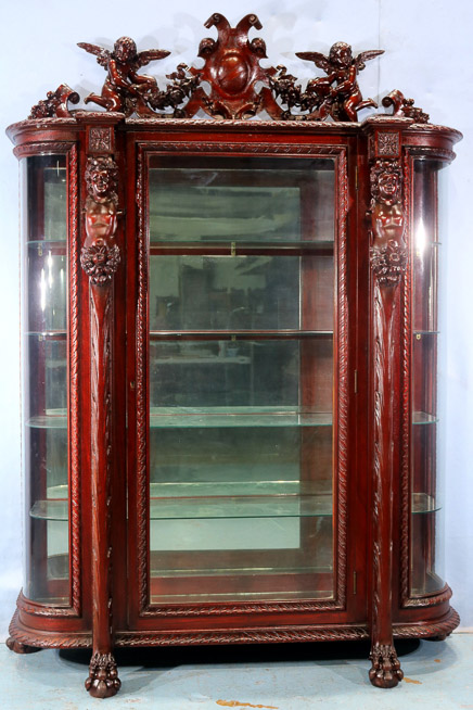 066j - 11 piece Mahogany R.J. Horner dining room suit with cupids, ca. 1890, China Cabinet, 80.5 in. T, 56 in W, 19.5 in. D.-27