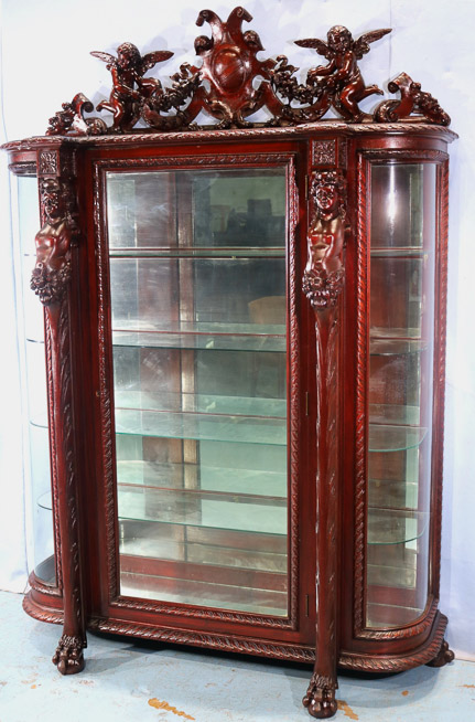 066m - 11 piece Mahogany R.J. Horner dining room suit with cupids, ca. 1890, China Cabinet, 80.5 in. T, 56 in W, 19.5 in. D.-28