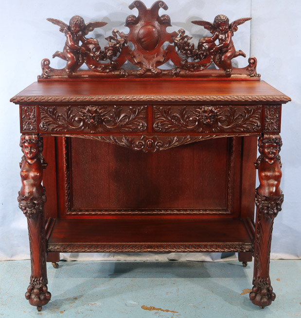 066n - 11 piece Mahogany R.J. Horner dining room suit with cupids, ca. 1890, Server, 55 in. T, 46 in. W, 22 in. D.-28