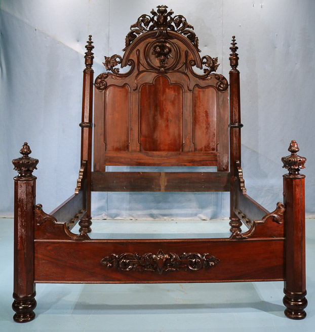 067a - Heavily carved high back rosewood bed by Mitchell and Rammelsberg, queen size, 94 in. T, 60 in . W, 77.5 in. L.-28