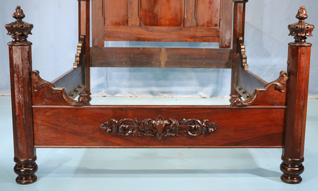 067b - Heavily carved high back rosewood bed by Mitchell and Rammelsberg, queen size, 94 in. T, 60 in . W, 77.5 in. L.-28