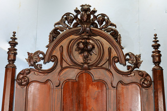 067d - Heavily carved high back rosewood bed by Mitchell and Rammelsberg, queen size, 94 in. T, 60 in . W, 77.5 in. L.-28