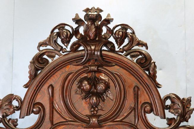 067e - Heavily carved high back rosewood bed by Mitchell and Rammelsberg, queen size, 94 in. T, 60 in . W, 77.5 in. L.-28