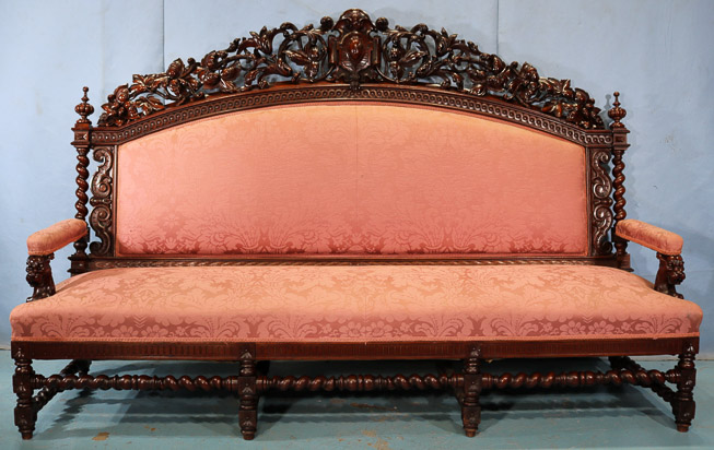 068a - Alexander Roux large heavily carved sofa with barley twist and pink upholstery, 56 in. T, 85 in. W, 24 in. D.-28