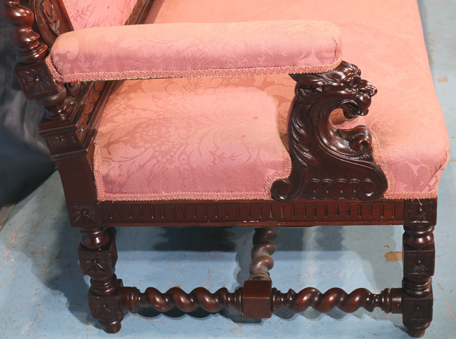 068e - Alexander Roux large heavily carved sofa with barley twist and pink upholstery, 56 in. T, 85 in. W, 24 in. D.-28