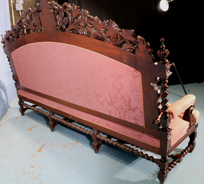 068i - Alexander Roux large heavily carved sofa with barley twist and pink upholstery, 56 in. T, 85 in. W, 24 in. D.-28