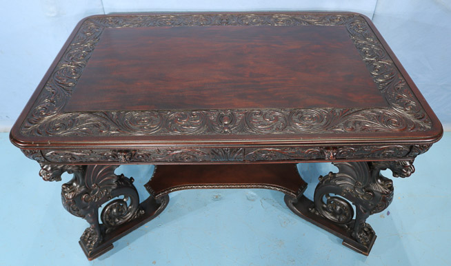 069b - Mahogany partners desk with carved full body wing griffins by R. J. Horner, 32 in. T, 56 in. W, 36.5 in. D.-28