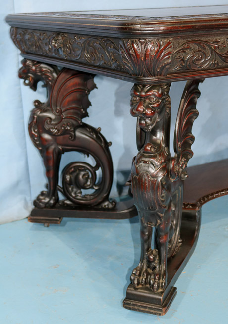 069e - Mahogany partners desk with carved full body wing griffins by R. J. Horner, 32 in. T, 56 in. W, 36.5 in. D.-28