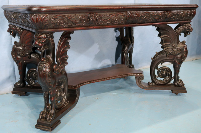 069f - Mahogany partners desk with carved full body wing griffins by R. J. Horner, 32 in. T, 56 in. W, 36.5 in. D.-28