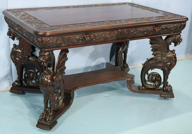 069i - Mahogany partners desk with carved full body wing griffins by R. J. Horner, 32 in. T, 56 in. W, 36.5 in. D.-28