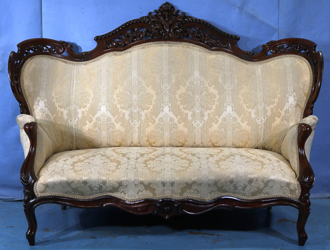 075a - Rosewood rococo laminated parlor sofa, Meeks Stanton Hall pattern, 46 in. T, 53 in. W, 20 in. D.-28