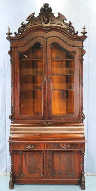 077b - Rosewood rococo slant front secretary, all original with carved crown and carved wood pulls, 45 in. W, 22 in. D, 8 ft. 11 in. T.-28