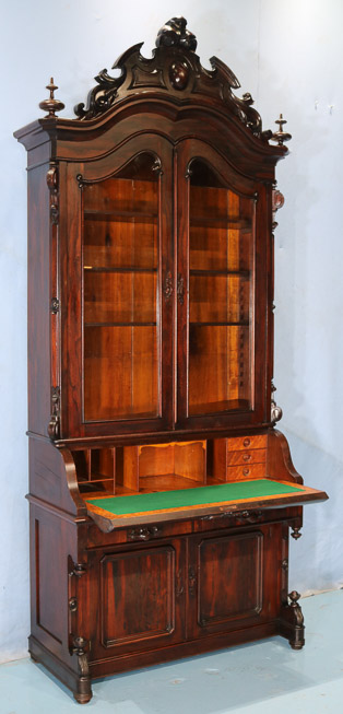 077g - Rosewood rococo slant front secretary, all original with carved crown and carved wood pulls, 45 in. W, 22 in. D, 8 ft. 11 in. T.-28