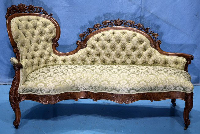 078a - Walnut rococo recamier beautifully carved on back with serpentine seat and gold silk upholstery, attrib. to Boudoine, 44 in. T, 68 in. L, 21 in. D.-23