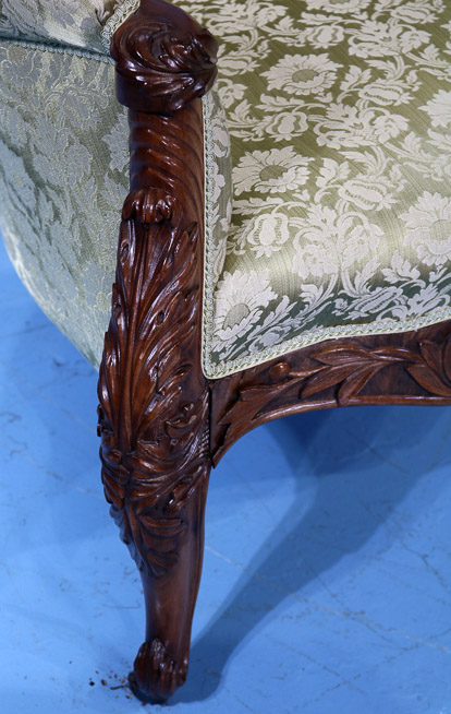 078b - Walnut rococo recamier beautifully carved on back with serpentine seat and gold silk upholstery, attrib. to Boudoine, 44 in. T, 68 in. L, 21 in. D.-23