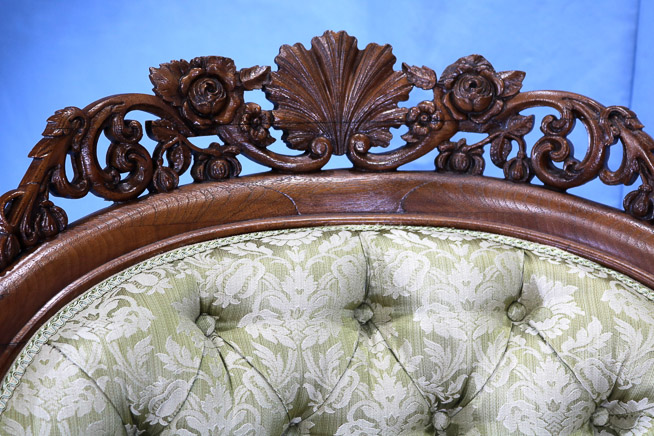 078c - Walnut rococo recamier beautifully carved on back with serpentine seat and gold silk upholstery, attrib. to Boudoine, 44 in. T, 68 in. L, 21 in. D.-23