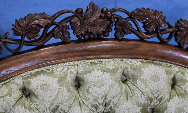 078d - Walnut rococo recamier beautifully carved on back with serpentine seat and gold silk upholstery, attrib. to Boudoine, 44 in. T, 68 in. L, 21 in. D.-23