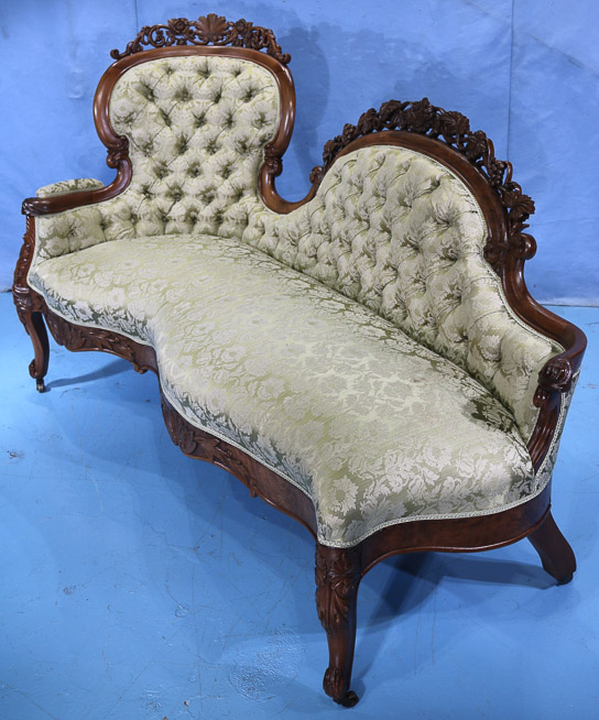 078f - Walnut rococo recamier beautifully carved on back with serpentine seat and gold silk upholstery, attrib. to Boudoine, 44 in. T, 68 in. L, 21 in. D.-23