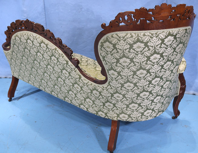 078g - Walnut rococo recamier beautifully carved on back with serpentine seat and gold silk upholstery, attrib. to Boudoine, 44 in. T, 68 in. L, 21 in. D.-23