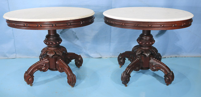 079a - Pair of walnut Victorian marble top center parlor tables attrib. to Thomas Brooks, 30 in. T, 37.5 in. W, 29 in. D.-22