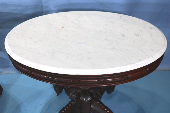 079c - Pair of walnut Victorian marble top center parlor tables attrib. to Thomas Brooks, 30 in. T, 37.5 in. W, 29 in. D.-22