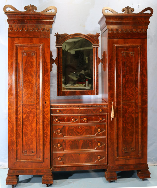 081a - Mahogany Empire gentleman's wardrobe with 2 towers, connecting chest and mirror, ca. 1845, 93 in. T, 72 in. W, 21 in. D.-28