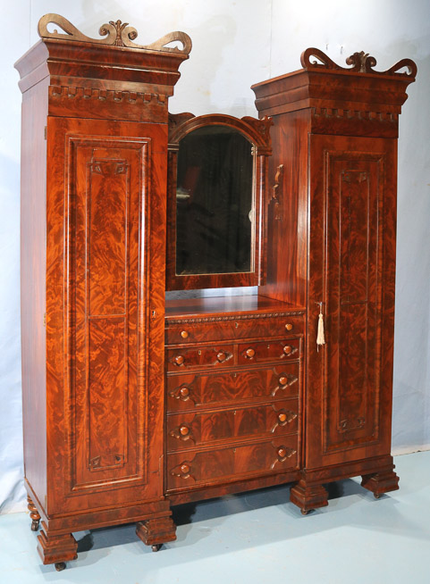 081b - Mahogany Empire gentleman's wardrobe with 2 towers, connecting chest and mirror, ca. 1845, 93 in. T, 72 in. W, 21 in. D.-28