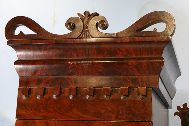 081c - Mahogany Empire gentleman's wardrobe with 2 towers, connecting chest and mirror, ca. 1845, 93 in. T, 72 in. W, 21 in. D.-28