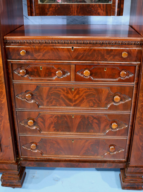 081f - Mahogany Empire gentleman's wardrobe with 2 towers, connecting chest and mirror, ca. 1845, 93 in. T, 72 in. W, 21 in. D.-28