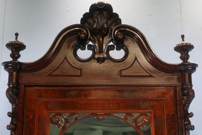 082b - Walnut Victorian 1 door wardrobe with beautiful carved crest and finials, made in N.Y., 8 ft. 7.5 in. T, 44 in. W, 19 in. D.-28