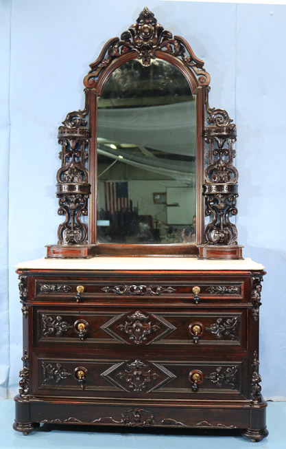 083a - Rosewood rococo heavily carved marble top dresser by P. Mallard with original finish and pure white marble, 92 in. T, 48 in. W, 24 in. D.-28