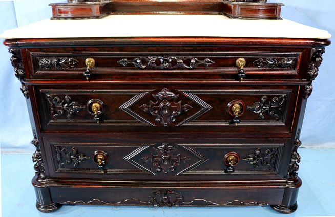 083b - Rosewood rococo heavily carved marble top dresser by P. Mallard with original finish and pure white marble, 92 in. T, 48 in. W, 24 in. D.-28