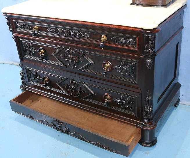 083i - Rosewood rococo heavily carved marble top dresser by P. Mallard with original finish and pure white marble, 92 in. T, 48 in. W, 24 in. D.-28