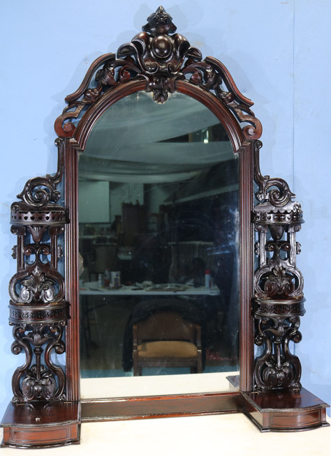 083k - Rosewood rococo heavily carved marble top dresser by P. Mallard with original finish and pure white marble, 92 in. T, 48 in. W, 24 in. D.-28