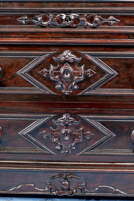 083l - Rosewood rococo heavily carved marble top dresser by P. Mallard with original finish and pure white marble, 92 in. T, 48 in. W, 24 in. D.-28