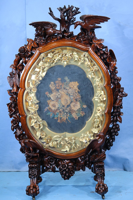 084a - Rare museum quality rococo rosewood fire screen in mint condition, best sold in 40 years, 55 in. T, 38 in. W.-16