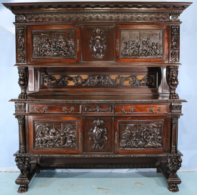 086a - Large European heavily carved mahogany sideboard, 89 in. T, 83.5 in. W, 25.5 in. D.-28