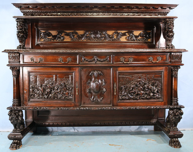 087a - Smaller European mahogany carved sideboard, 70 in. T, 83.5 in. W, 25.5 in. D.-28