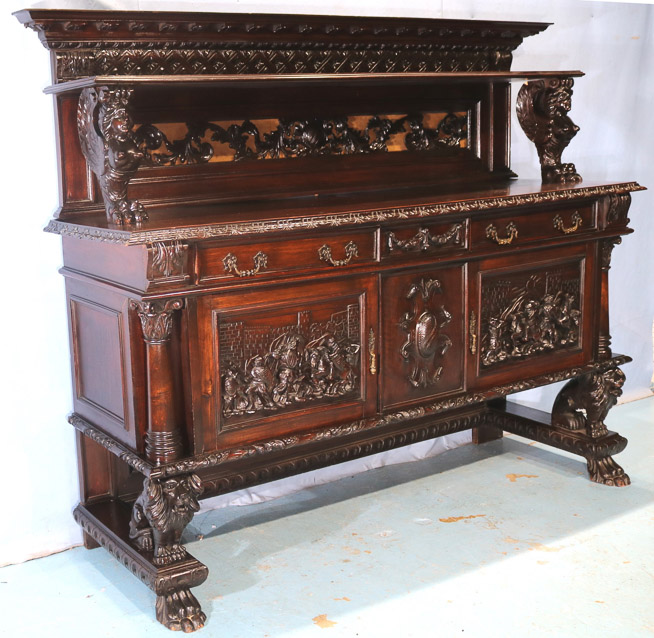 087b - Smaller European mahogany carved sideboard, 70 in. T, 83.5 in. W, 25.5 in. D.-28