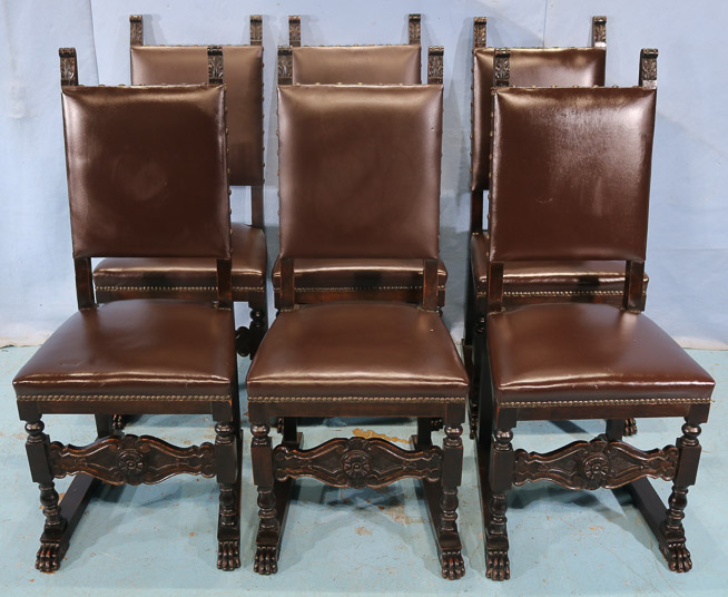 088a - Set of 6 European chairs with claw feet and brown leather upholstery, 42.5 in. T, 19 in. W, 17.5 in. D.-28