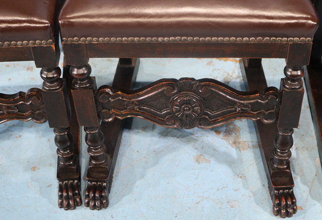 088c - Set of 6 European chairs with claw feet and brown leather upholstery, 42.5 in. T, 19 in. W, 17.5 in. D.-28