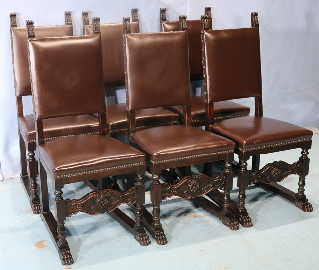 088g - Set of 6 European chairs with claw feet and brown leather upholstery, 42.5 in. T, 19 in. W, 17.5 in. D.-28