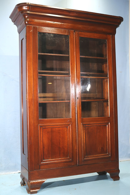 089b - Mahogany empire bookcase with ogee crown and glass panel doors, in good condition, ca. 1850, 93 in. T, 65 in. W, 22 in. D.-16