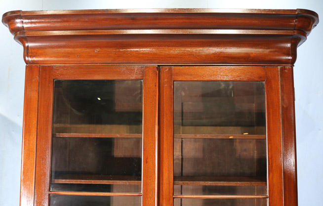 089c - Mahogany empire bookcase with ogee crown and glass panel doors, in good condition, ca. 1850, 93 in. T, 65 in. W, 22 in. D.-16