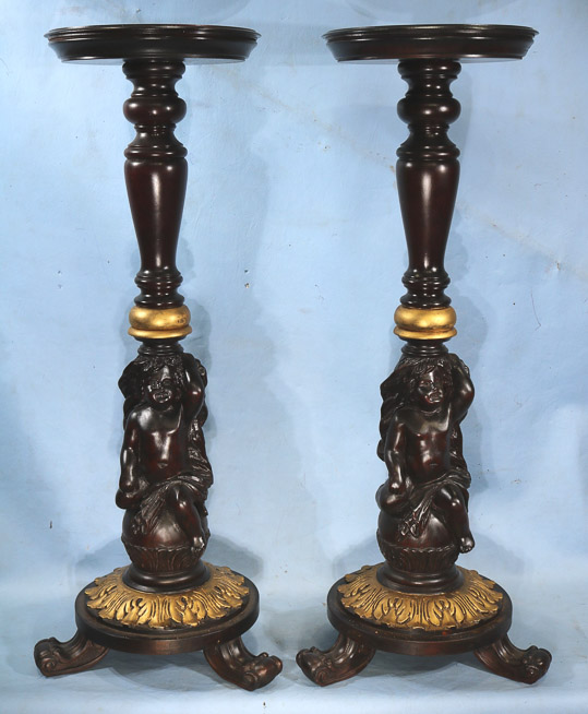 090a - Pair carved mahogany pedestals with cupid on base, 37.5 in. T, 12 in. Dia.-23