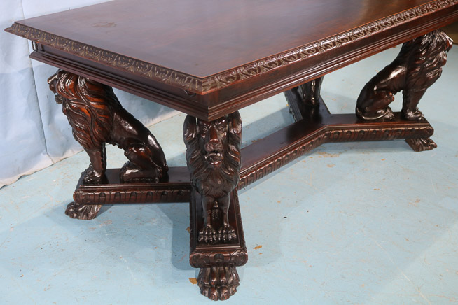 094f - Library table with full body lion supports and claw feet, 30.5 in. T, 70 in. W, 39 in. D.-28